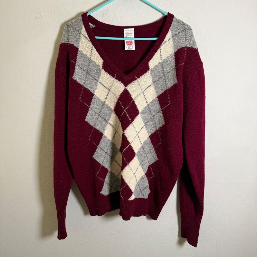 St Michael Vintage Mens Argyle V-Neck Sweater Burgundy Lambswool UK 44in L
